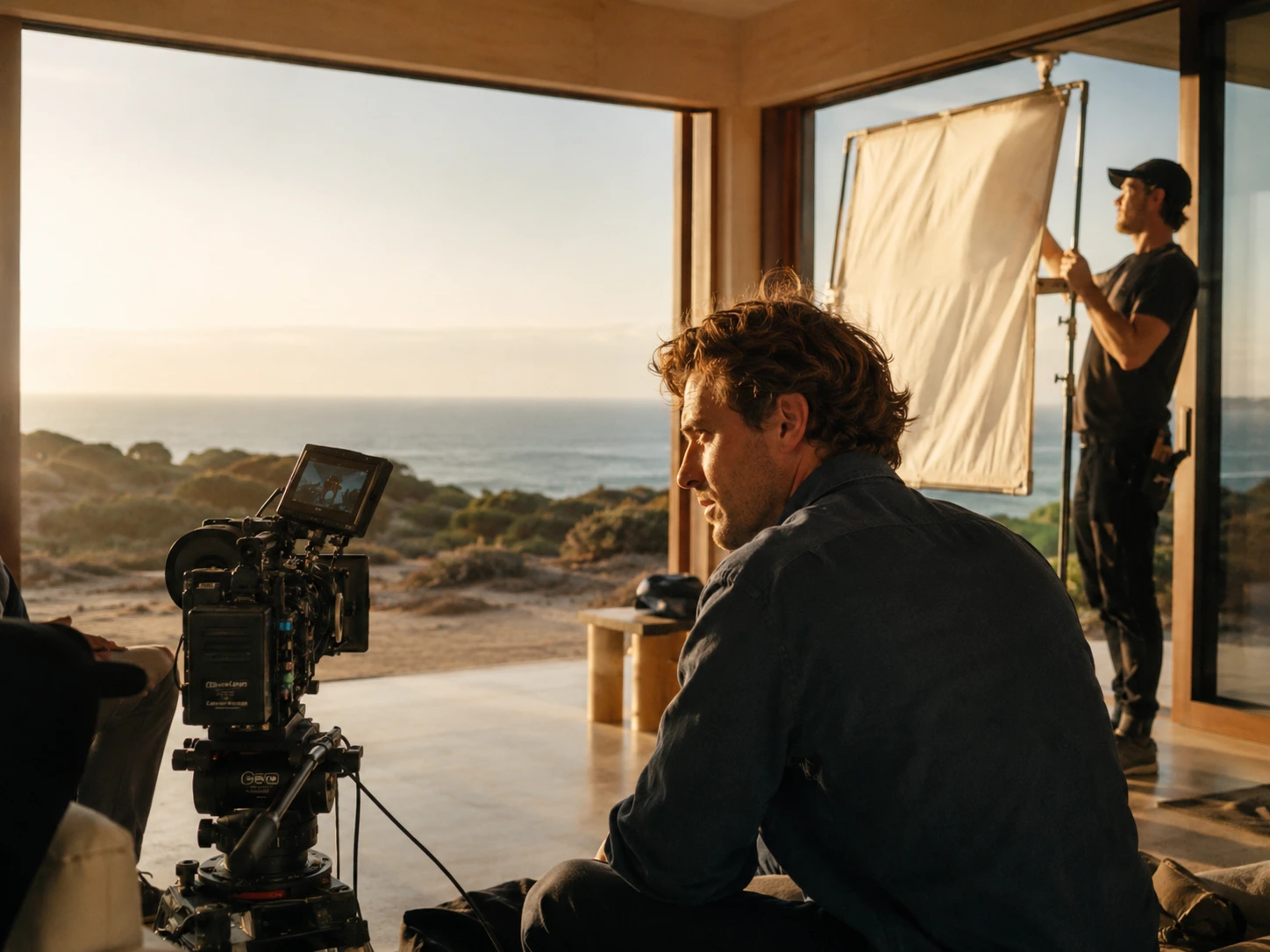 Behind the scenes on a film set at golden hour by the coast