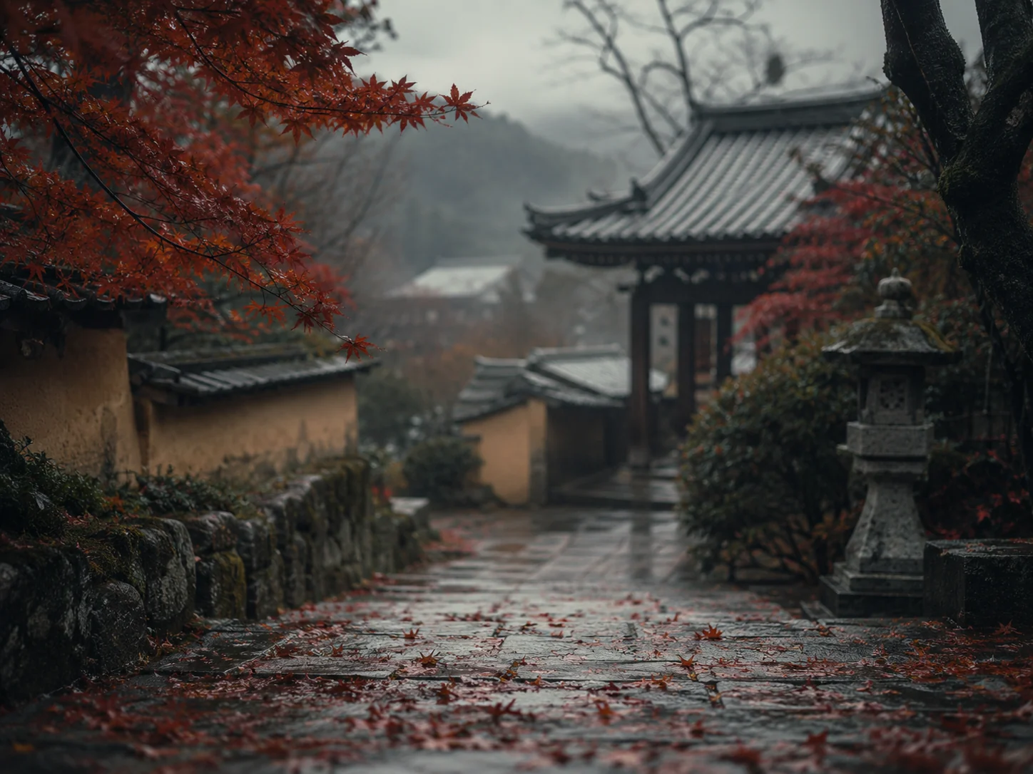 Rainy Japanese temple path framed by autumn leaves