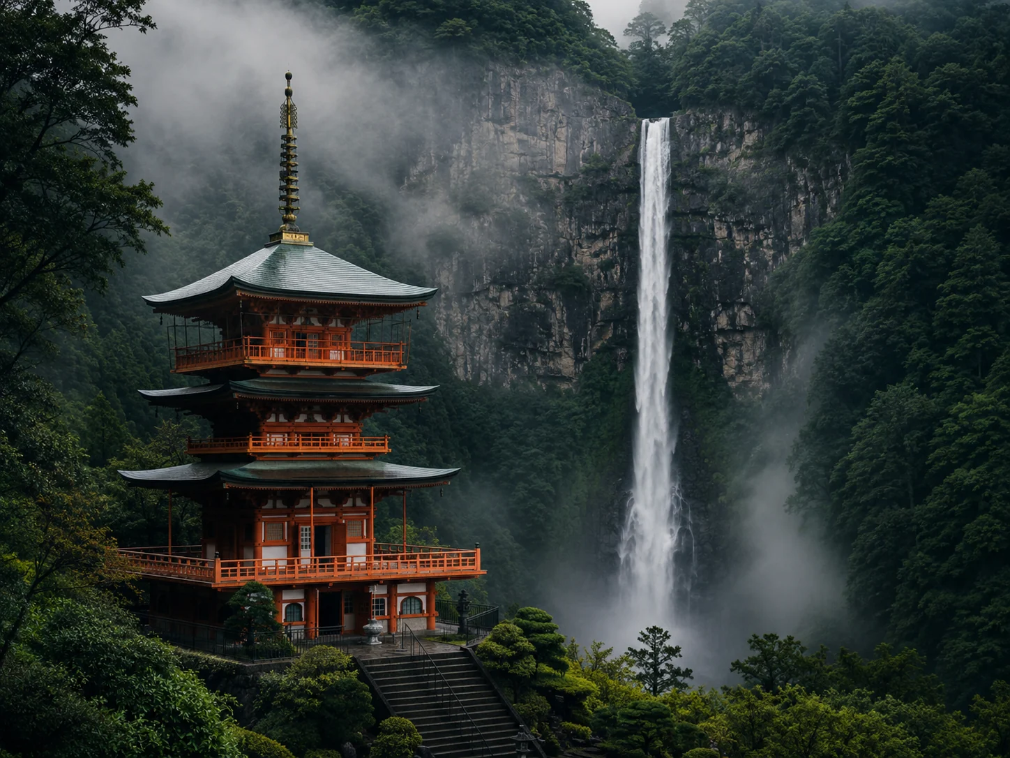 Nachi Falls with a pagoda in the foreground