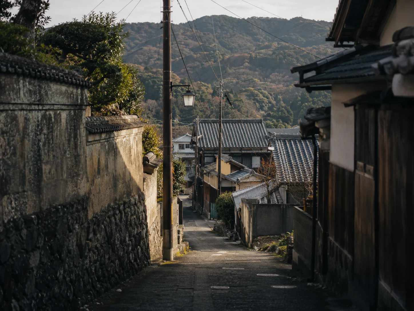 Quiet traditional village street beneath wooded hills