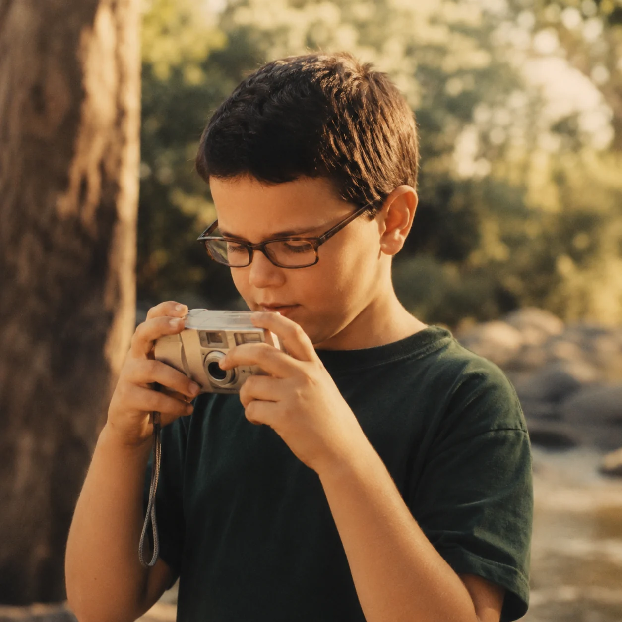 Young photographer examining a compact camera