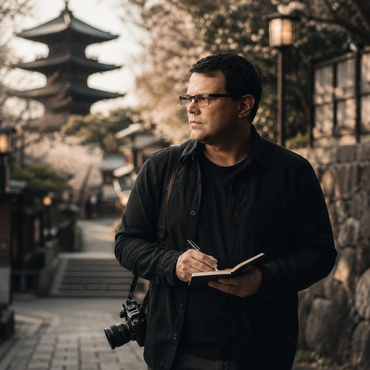 Filmmaker writing notes while exploring Japan